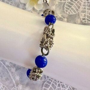 Vintage Art Deco Cobalt Blue Bead & Chrome Byzantine Knot Bracelet Jakob Bengal